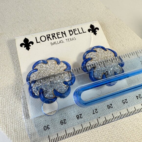 Lorren Bell Blue & Rhinestone Clip-On Earrings New - Picture 3 of 8